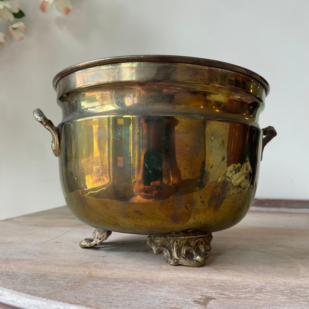 Vintage Footed Brass Planter with Handles Brass Cauldron Pot Cachepot